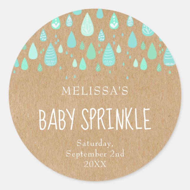 Rustic kraft mint green raindrops baby sprinkle classic round sticker (Front)