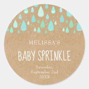 Rustic kraft mint green raindrops baby sprinkle classic round sticker