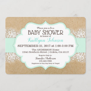 Rustic Kraft Modern Lace Sea Foam Baby Shower Invitation