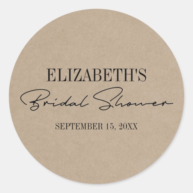 Rustic Kraft Modern Script Bridal Shower Classic Round Sticker (Front)