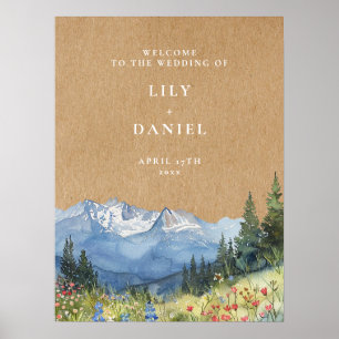 Rustic Kraft Mountain Floral Wedding Welcome Sign