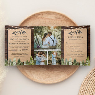 Rustic Kraft Mountain Forest Photo Collage Wedding Tri-Fold Invitation