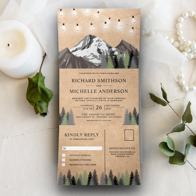 Rustic Kraft Mountain Forest String Lights Wedding Tri-Fold Invitation (Creator Uploaded)