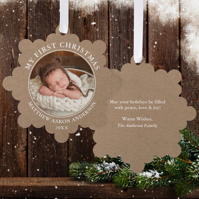 Rustic Kraft My First Christmas Photo Ornament Card (A greeting card that is also an ornament! Customize with your photo and personalized text.)