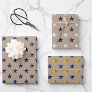 Rustic Kraft Navy Gold Silver Stars Christmas Wrapping Paper Sheet