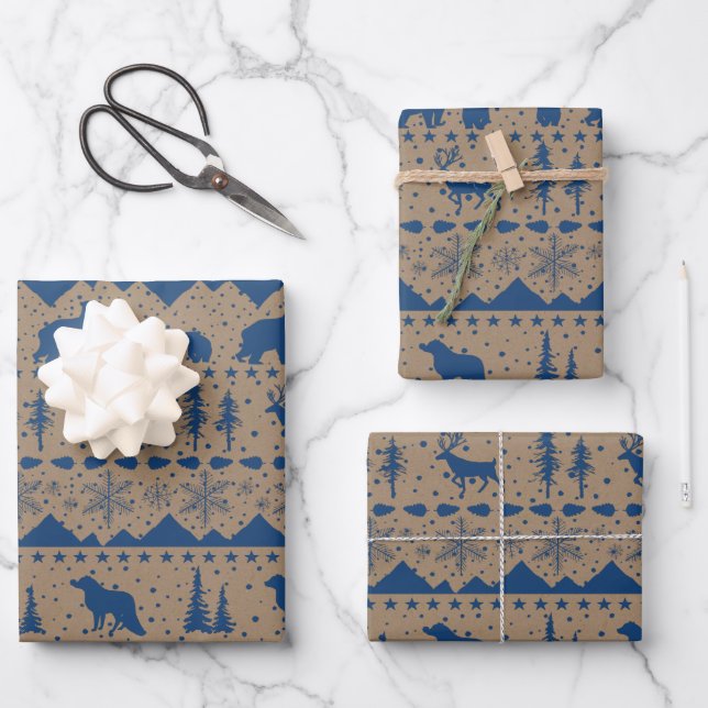 Rustic Kraft Nordic Sweater Blue Winter Animals Wrapping Paper Sheet (Front)