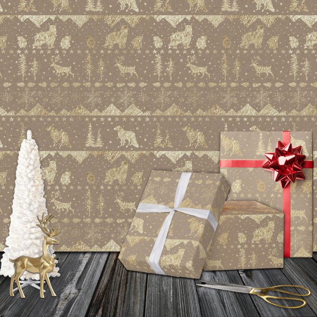 Rustic Kraft Nordic Sweater Gold Winter Animals Wrapping Paper Sheet (Rustic Kraft Nordic Sweater Gold Winter Animals Christmas Holiday Gift Wrapping Paper Sheets Trio)