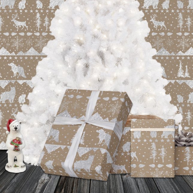 Rustic Kraft Nordic Sweater Silver Winter Animals  Wrapping Paper Sheet (Rustic Kraft Nordic Sweater Silver Winter Animals Wrapping Paper Sheets)