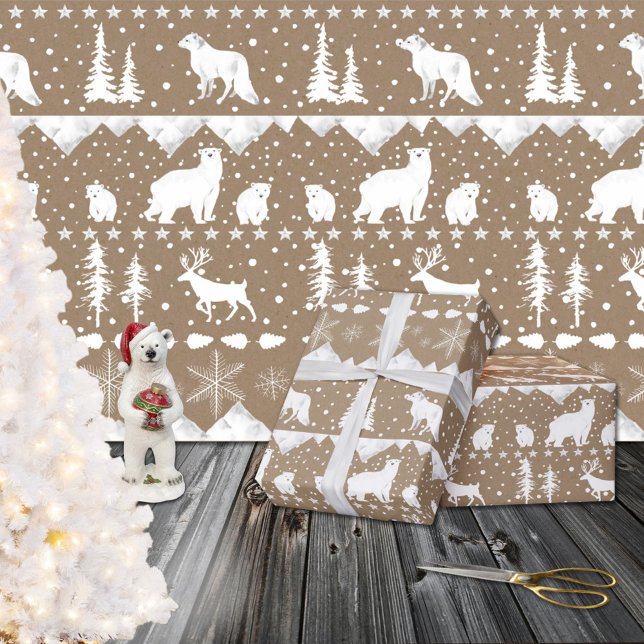 Rustic Kraft Nordic Sweater White Winter Animals Wrapping Paper (Rustic Kraft Nordic Sweater White Winter Animals Christmas Holiday Gift Wrapping Paper Rolls)