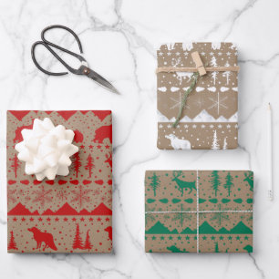 Rustic Kraft Nordic Sweater Winter Animals 3 Colou Wrapping Paper Sheet