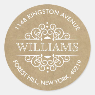 Rustic Kraft Ornate Swirls Custom Return Address Classic Round Sticker