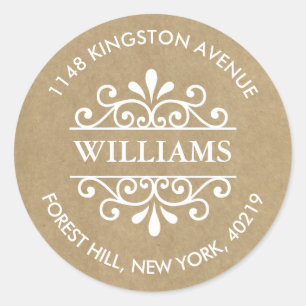 Rustic Kraft Ornate Swirls Custom Return Address Classic Round Sticker