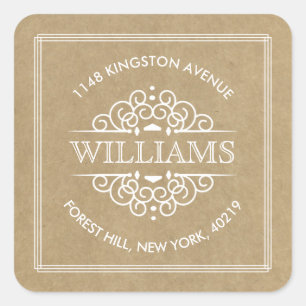 Rustic Kraft Ornate Swirls Custom Return Address Square Sticker