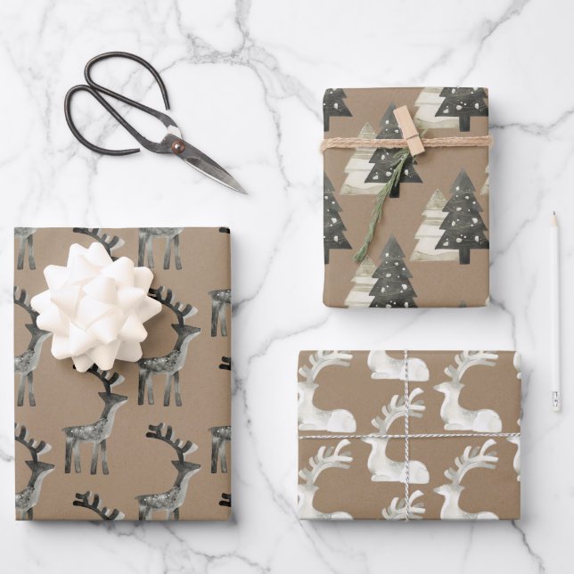 Rustic Kraft Painted Wood Reindeer Christmas Trees Wrapping Paper Sheet (Front)