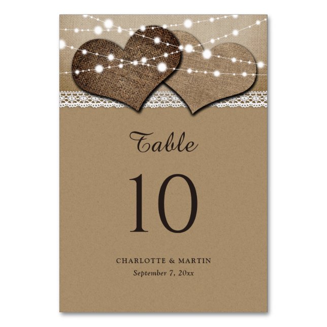 Rustic Kraft Paper Burlap Lace Table Number Cards (Front)