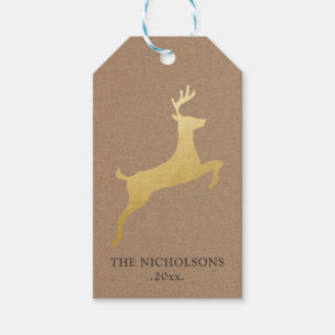Rustic Kraft Paper Christmas Gold Reindeer Gift Tags