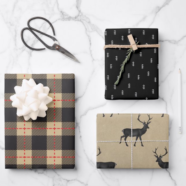 Rustic Kraft Paper | Christmas Plaid Deer Antler (Front)