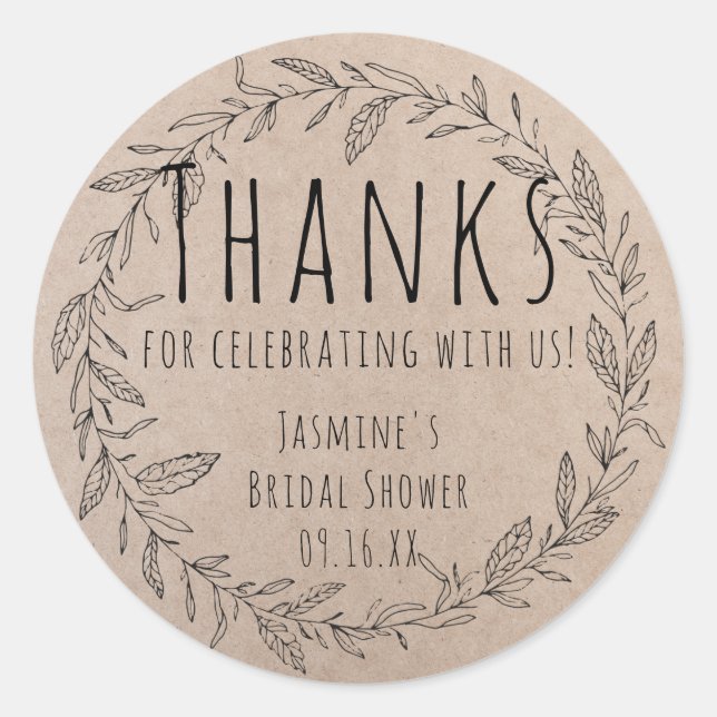 Rustic Kraft Paper  Floral Wreath Bridal Shower Classic Round Sticker (Front)