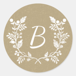Rustic Kraft Paper Floral Wreath Custom Monogram Classic Round Sticker