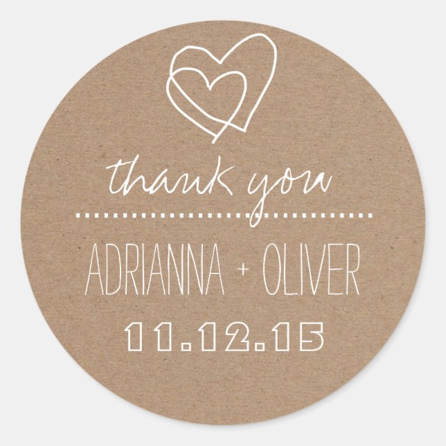 Rustic Kraft Paper| Heart Wedding Thank You Classic Round Sticker (Front)