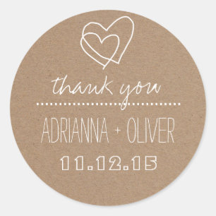 Rustic Kraft Paper  Heart Wedding Thank You Classic Round Sticker