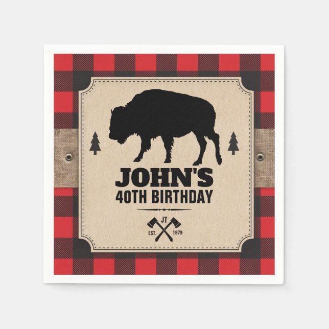 Rustic Kraft Paper Look Buffalo Plaid with Bison Napkin (Front)