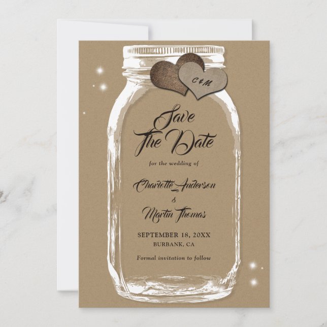 Rustic Kraft Paper Mason Jar Wedding Save The Date (Front)
