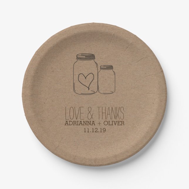 Rustic Kraft Paper Mason Jars Heart Wedding Paper Plate (Front)