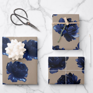 Rustic Kraft Paper Navy Blue Peonies