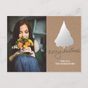 Rustic Kraft Paper Silver Christmas Tree Photo Holiday Postcard