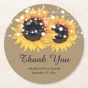 Rustic Kraft Paper Sunflower Wedding Thank You Round Paper Coaster