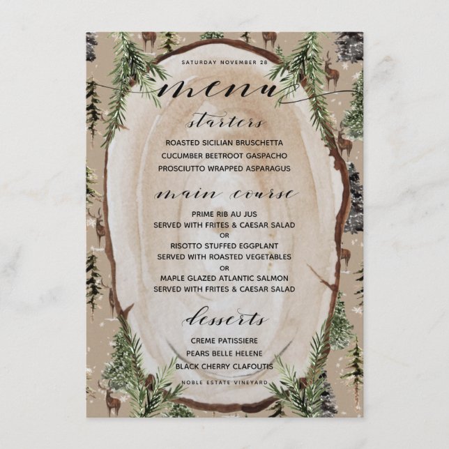 Rustic Kraft Paper Winter Woodland Dinner Menu (Front)