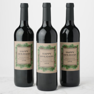 Rustic Kraft Pine Frame Happy Holidays Wine Label