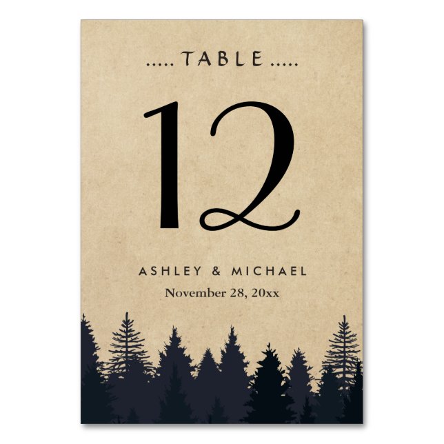 Rustic Kraft Pine Tree Forest Wedding Table Number (Front)
