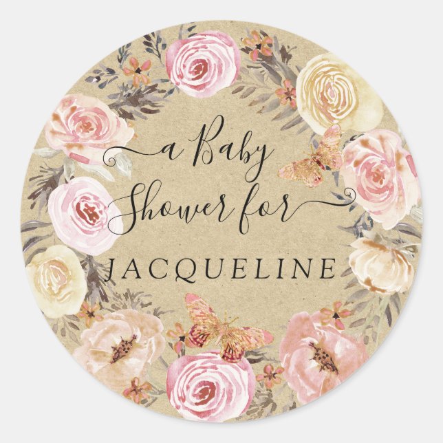 Rustic Kraft Pink Floral Wreath w Butterflies Classic Round Sticker (Front)