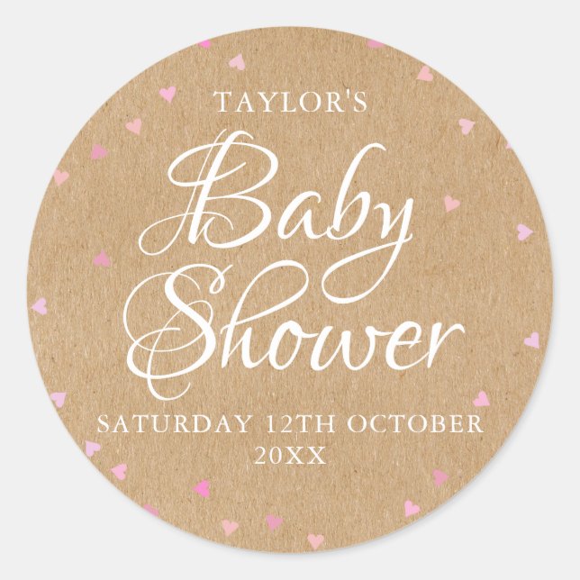 Rustic kraft pink hearts baby shower classic round sticker (Front)