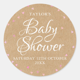 Rustic kraft pink hearts baby shower classic round sticker