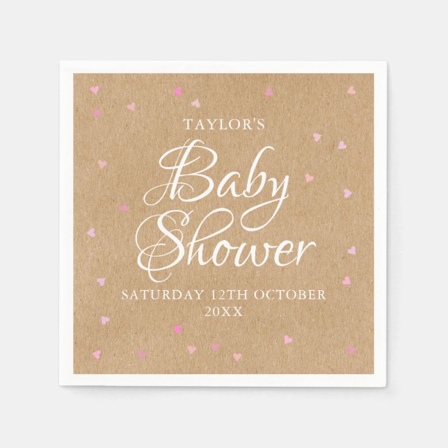 Rustic kraft pink hearts baby shower napkin (Front)