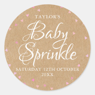 Rustic kraft pink hearts baby sprinkle classic round sticker