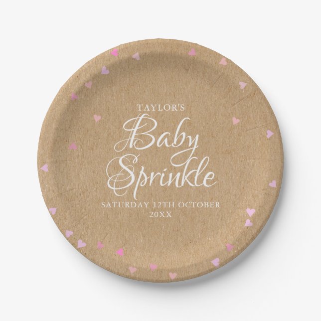 Rustic kraft pink hearts baby sprinkle paper plate (Front)