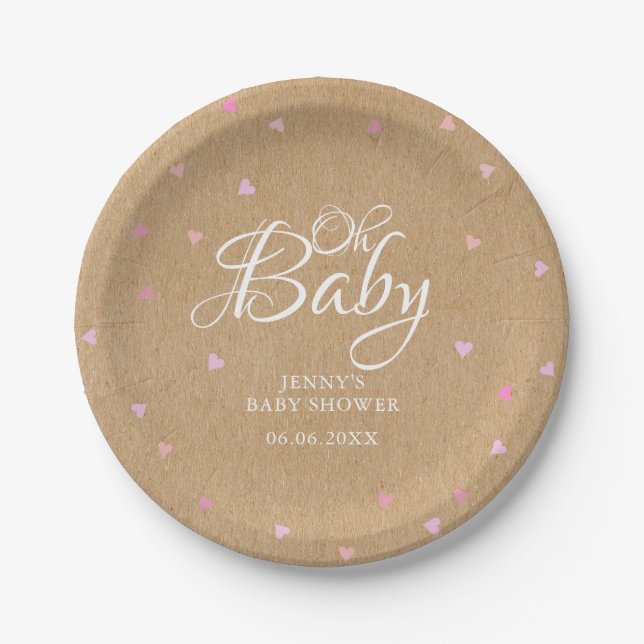 Rustic Kraft Pink Hearts Oh Baby baby shower Paper Plate (Front)