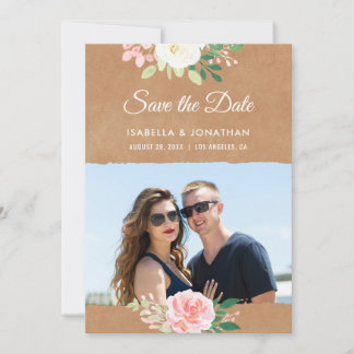 Rustic Kraft Pink Rose Floral Brown Photo Frame Save The Date