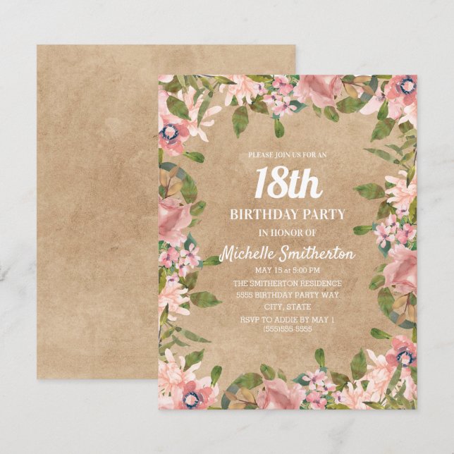 Rustic Kraft Pink Watercolor Floral 18th Birthday Invitation (Front/Back)