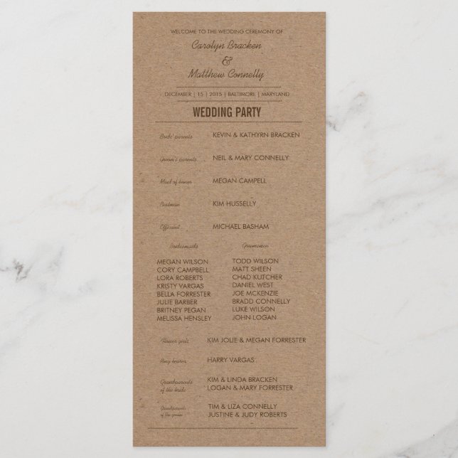 Rustic Kraft Programme de mariage papier (Devant)
