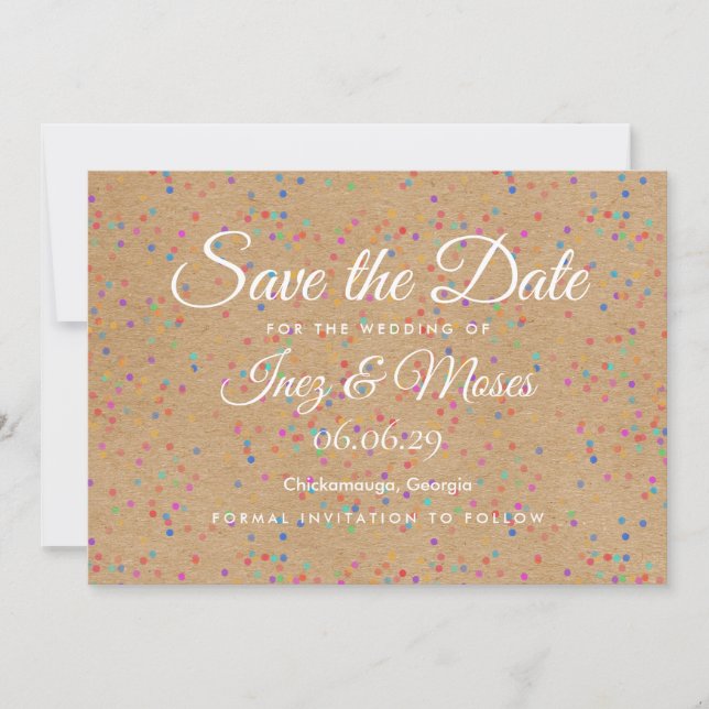 Rustic Kraft Rainbow Confetti Save the Date Invitation (Front)