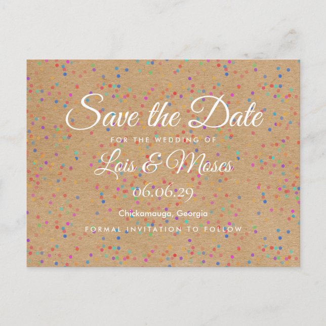 Rustic Kraft Rainbow Confetti Save the Date Postcard (Front)