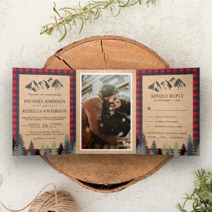 Rustic Kraft Red Buffalo Plaid Mountain Wedding Tri-Fold Invitation