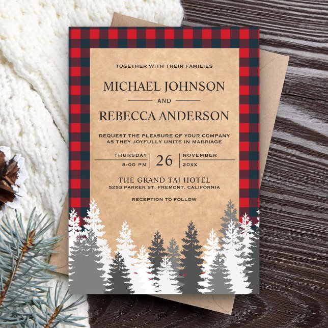 Rustic Kraft Red Buffalo Plaid White Pine Wedding Invitation (Creator Uploaded)