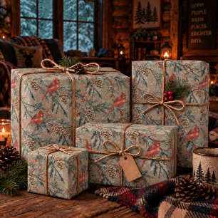 Rustic Kraft Red Cardinal Juniper Branches Berries Wrapping Paper