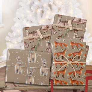 Rustic Kraft Red Fox Doe Hare & Snowflakes Wrapping Paper Sheet